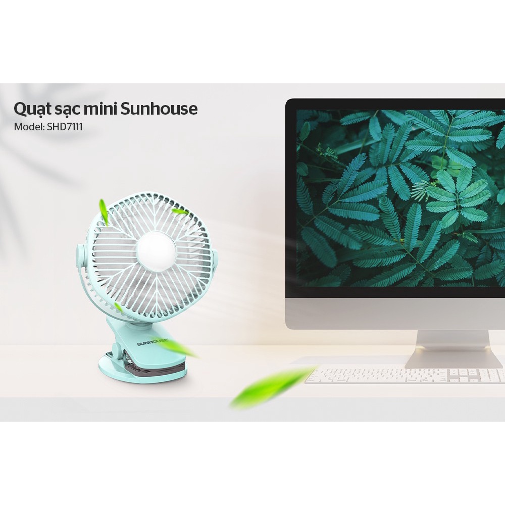 Quạt mini kẹp bàn -Quạt tích điện Sunhouse thích hợp cho dân Văn Phòng, Xoay 360 độ, Kẹp chắc chắn-BH 12 THÁNG