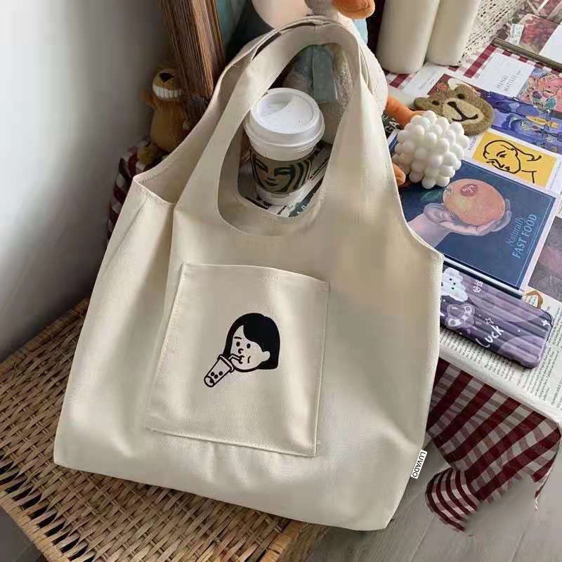 Túi tote đi học nữ vải Canvas hàn quốc giá rẻ có túi nhỏ trước in Girl trà sữa AH1605