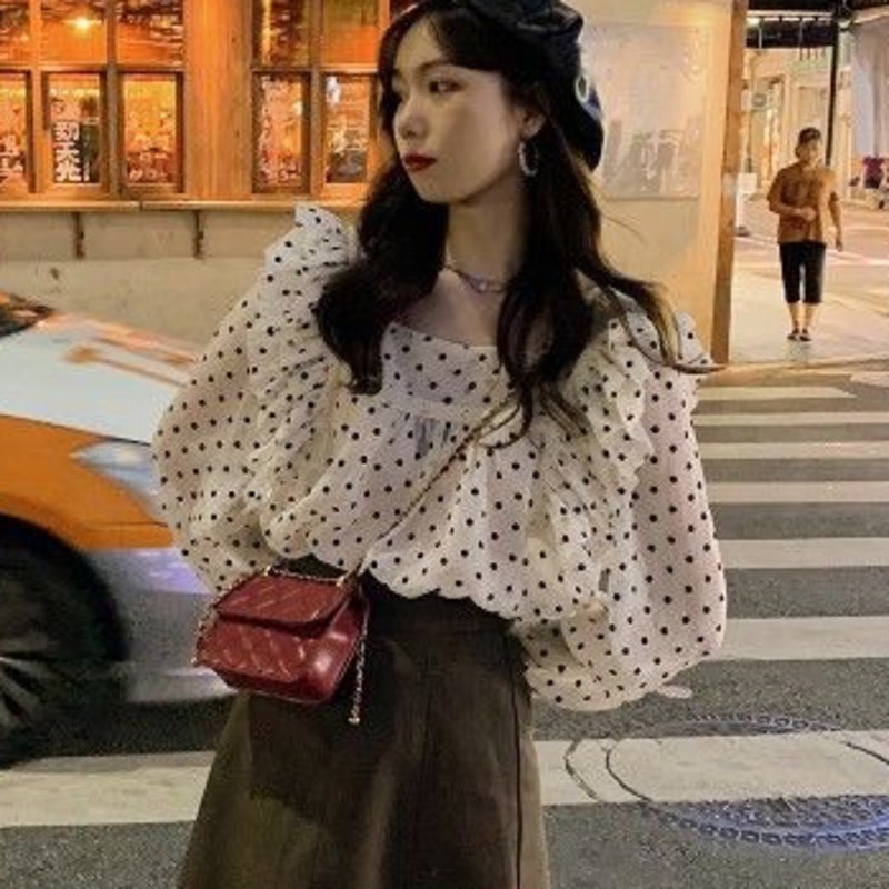 Áo Sơ Mi Dài Tay Phối Bèo Phong Cách Hàn Quốc 156231 Áo Chiffon Cổ Vuông Dáng Rộng Phối Ren Họa Tiết Chấm Bi Thời Trang