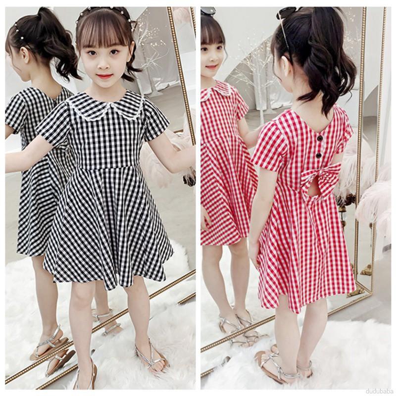 Đầm caro đính nơ sau lưng hở lưng tay ngắn thời trang đáng yêu cho bé gái 3-12t