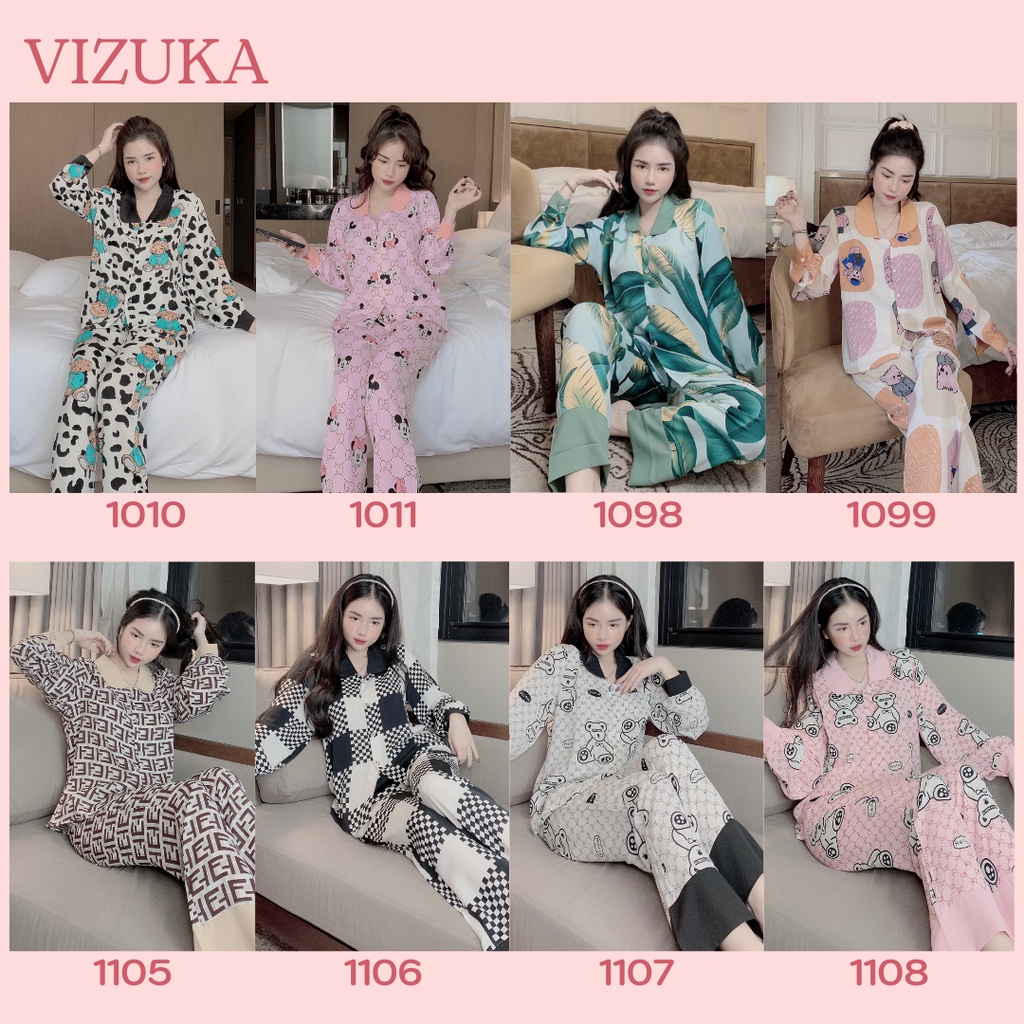 Đồ bộ pijama lụa mặc nhà tay dài mango cao cấp họa tiết dễ thương VIZUKA