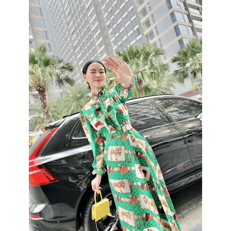 (Free ship) Mẫu Cực HOT-- Mẫu THiết Kế Hợp Thời Trang | Đầm Lụa Cổ Cao Tay Dài In Họa Tiết  UP VLTN Shop
