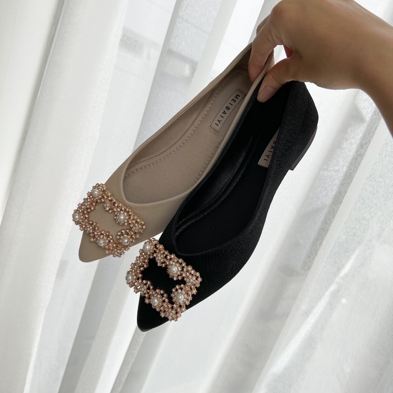 Sorami.Shoes | Giày bệt khóa đá vuông lụa siêu mềm dành cho nữ