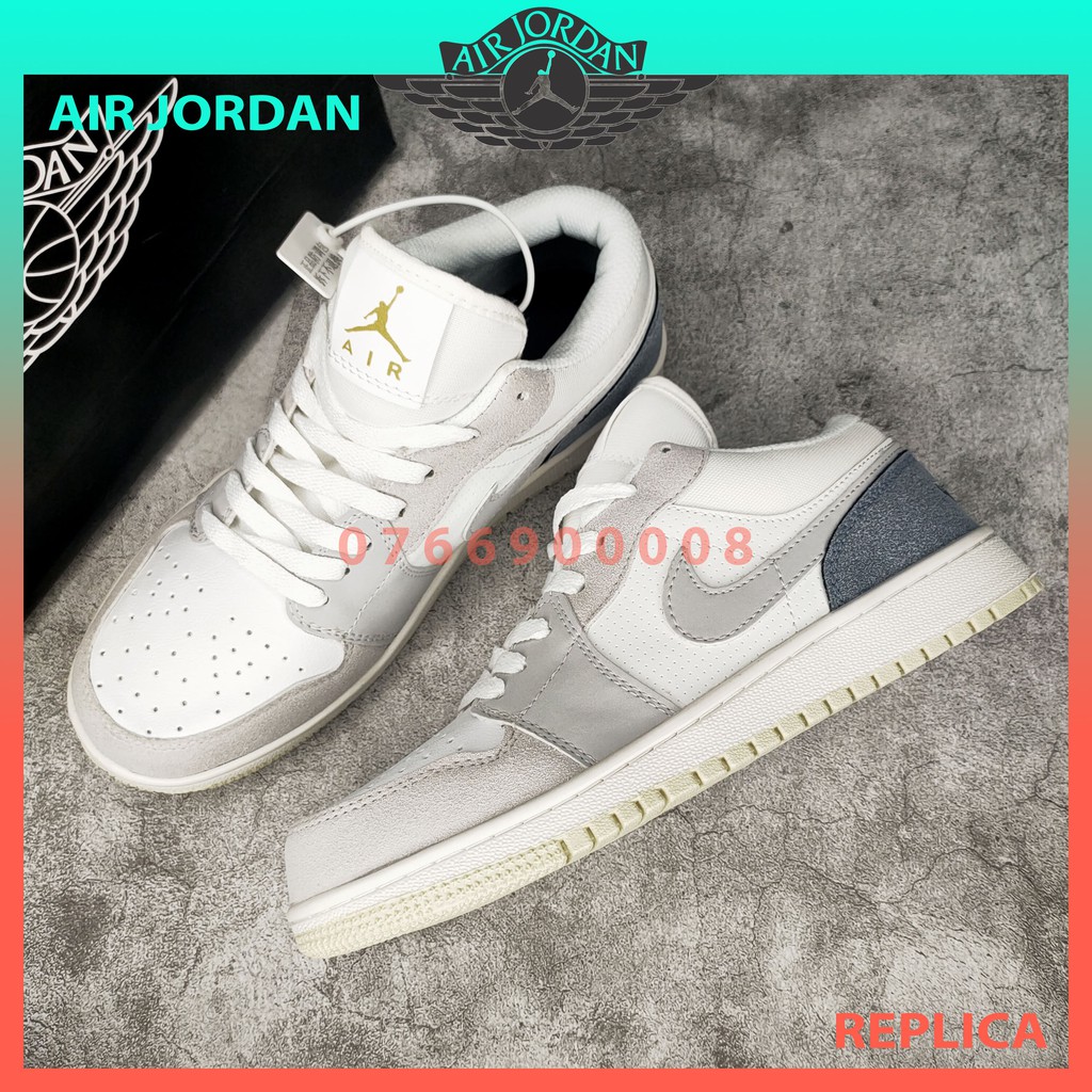 Giày Thể Thao Nam Nữ Jordan JD1 Low Paris Trắng Xám Cổ Thấp Gót Xanh Thời Trang Full Box Bill