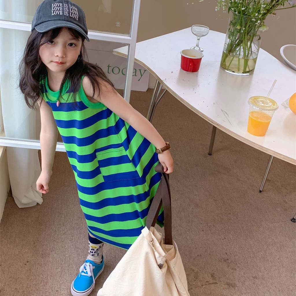 Đầm Dài Không Tay 5 Màu Tương Phản Thời Trang Mùa Hè Cho Bé Gái