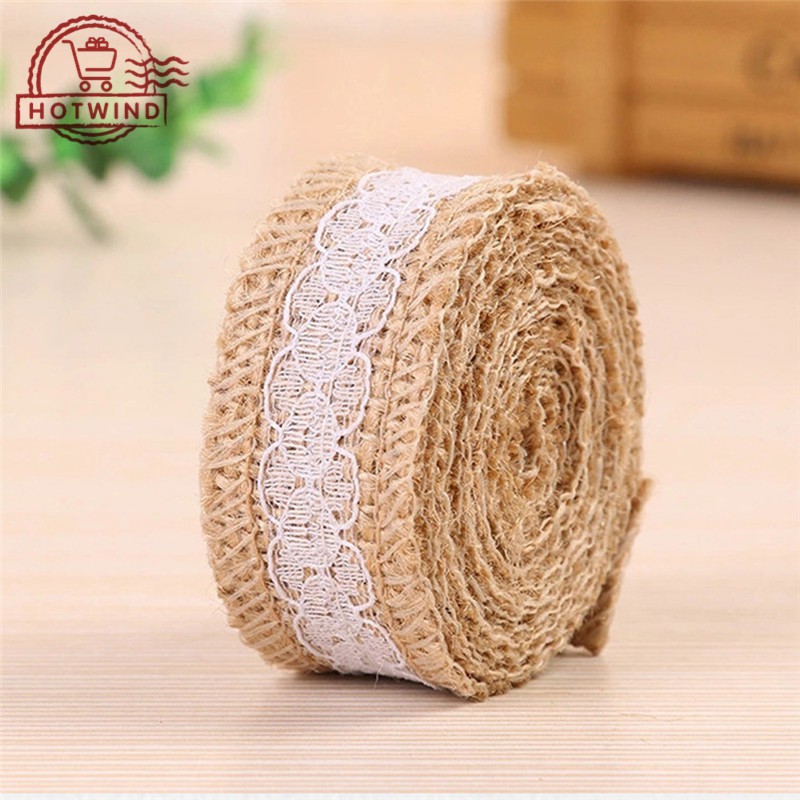 Cuộn ruy băng vải bố tự nhiên phối ren 2m dùng cho trang trí