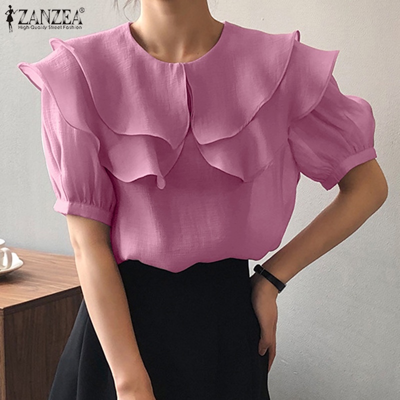 Áo sơ mi Zanzea tay ngắn dáng rộng màu trơn phong cách Hàn Quốc thời trang cho nữ