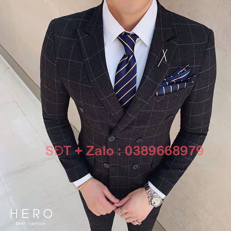 Bộ Vest Nam Cao Cấp Kẻ Caro Màu Đen, Bộ Suit Nam Hàn Quốc Kẻ Caro đen