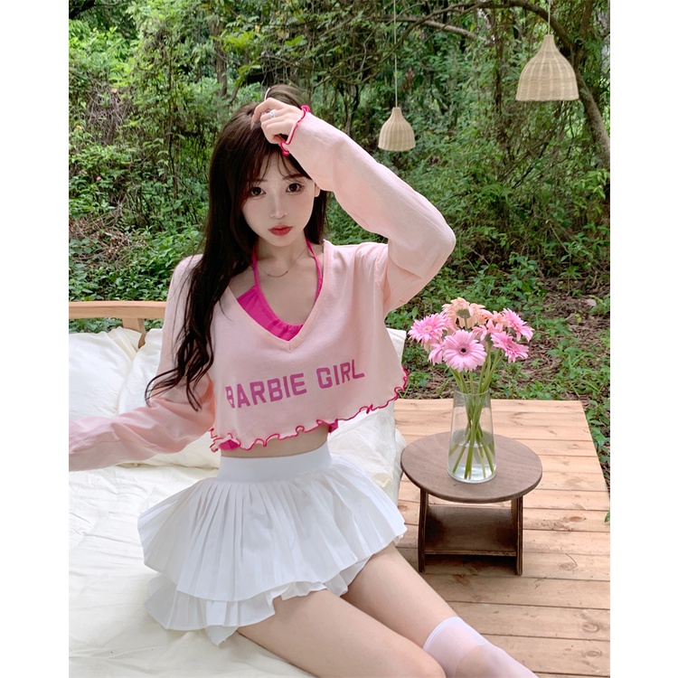 HUANG YOYO Set Đồ Hai Mảnh Gồm Áo Thun Cổ Chữ V Tay Ngắn Chống Nắng Phiên Bản Hàn Quốc Thời Trang Cho Nữ