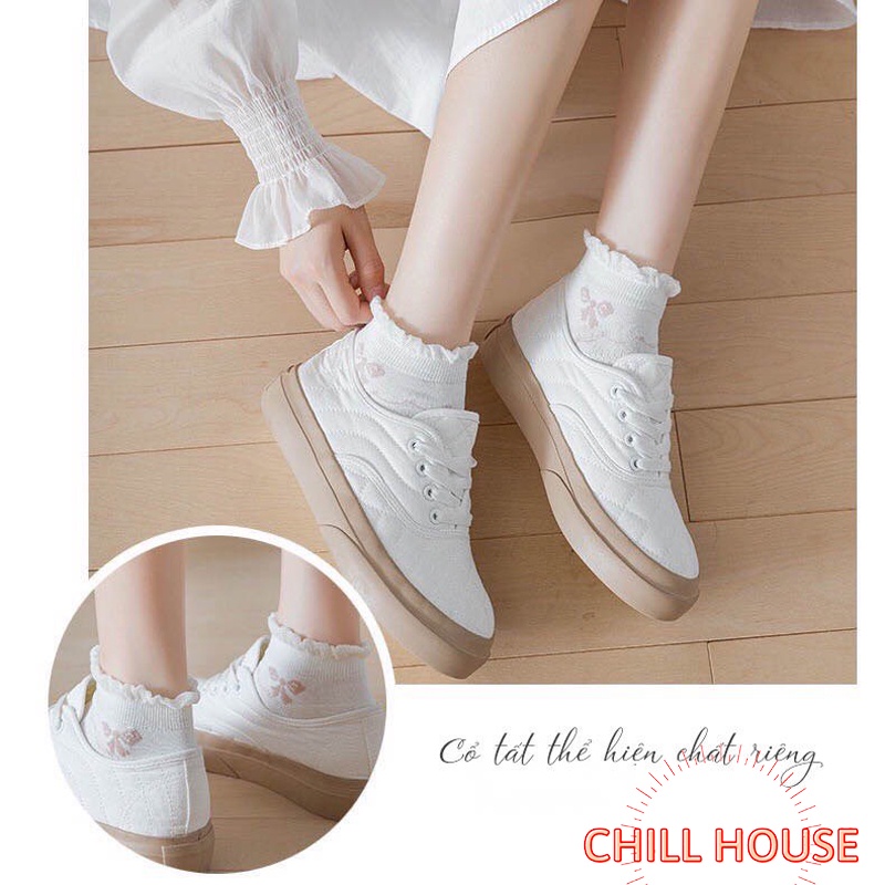 Tất nữ-tất cổ ngắn nền trắng hoạ tiết hình hoa kute T783 CHILL HOUSE