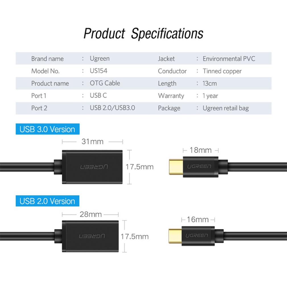 Cáp chuyển Type C ra USB 3.0 Ugreen US154 Hỗ trợ OTG dài 15cm cao cấp - Hàng Chính Hãng