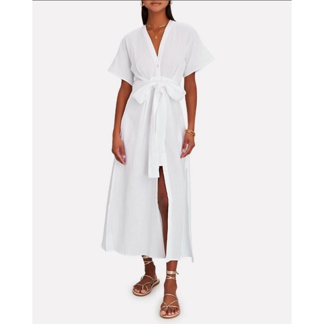 Đầm sơ mi maxi trắng đũi linen tay cánh dơi HM VNXK đầm khoác choàng đi biển dáng dài phối nơ xuất khẩu dư xịn