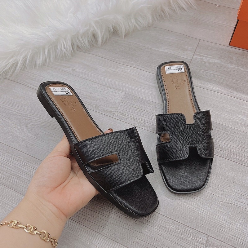 Bán Sỉ-Có Sẵn Dép nữ đế bệt quai chữ H da sần lót phối nâu cao cấp