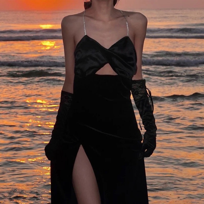 [F &amp; X ss] Đầm Nhung Hai Dây Màu Vàng Kim Phong Cách Pháp Mùa Đông Nhẹ Nhàng Chất Lượng Cao Cho Nữ 2021