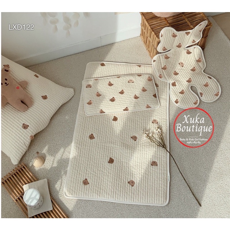 Lót Xe Đẩy Cao Cấp Style Hàn Quốc Thêu Gấu Thỏ, Có Đệm Chống Sốc Thoáng Khí Cho Bé