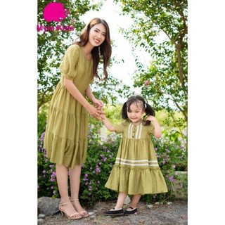 Váy đôi mẹ và bé gái tay lửng màu xanh chất tơ lụa organza am toàn cho d bé 1-2-3-4-5-6-7-8-9-10 tuổi Myla Kids