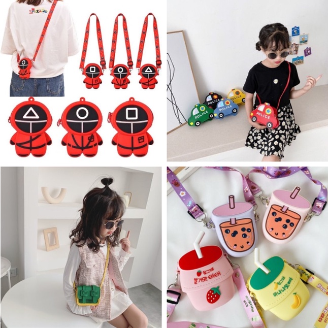 TÚI ĐEO CHÉO HÌNH HỘP HÀN QUỐC, SQUID GAME, Ô TÔ, LY TRẢ SỮA, HÌNH THÚ SIÊU CUTE CHO BÉ