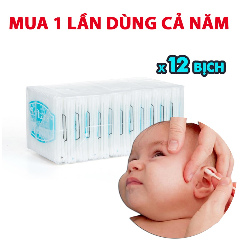 Bông vệ sinh tai mũi trẻ em Softtana BZ8 làm sạch các chất ẩm, chất bẩn bên trong tai, mũi - Lố 12 túi ( 80 que /túi )