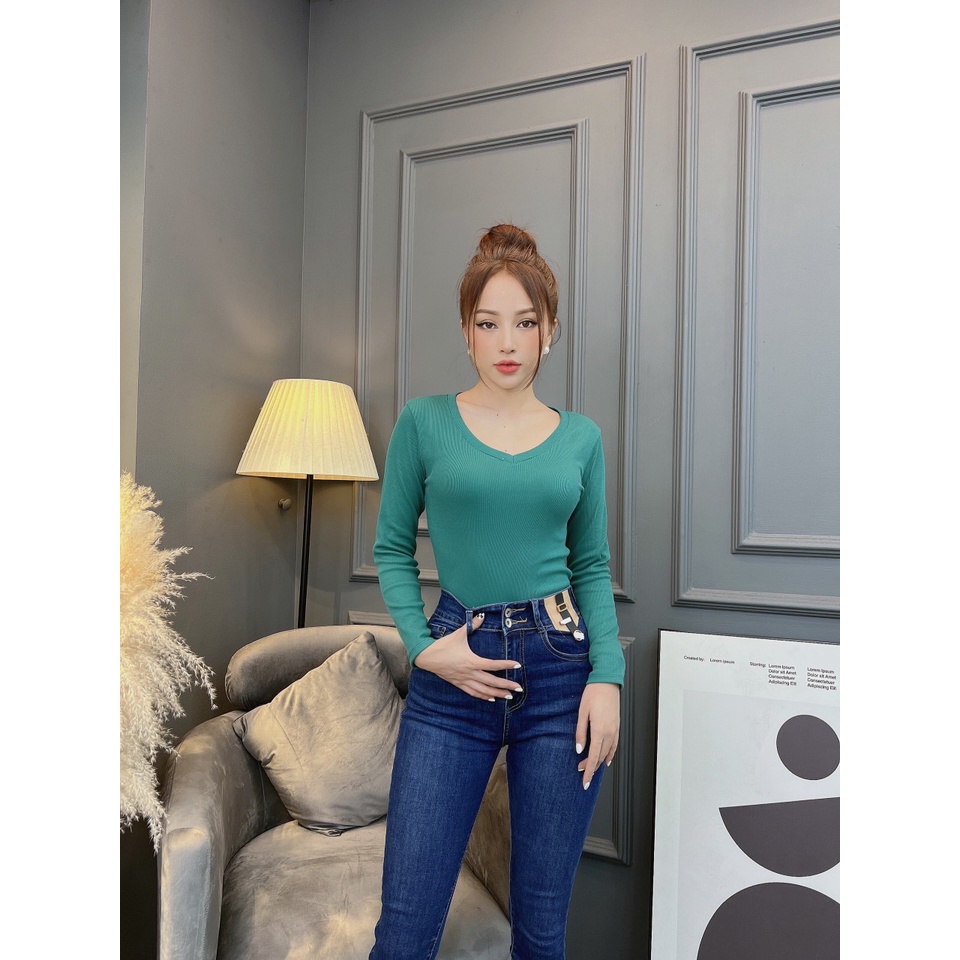 Áo thun tay dài nữ CRAZYTEEN cổ tim sang trọng AT0270