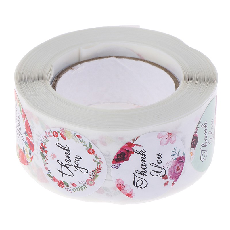 Cuộn 500 Miếng Dán Niêm Phong Bao Bì Chữ Thank You Kèm Hoa Dùng Trang Trí Tiệc Cưới