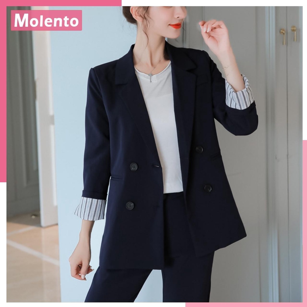 Áo Vest Nữ Blazer Khoác Ngoài 2 Lớp Dài Tay Cao Cấp Ulzzang Phong Cách Hàn Quốc Màu Đen Từ 42 đến 60kg MOLENTO M80