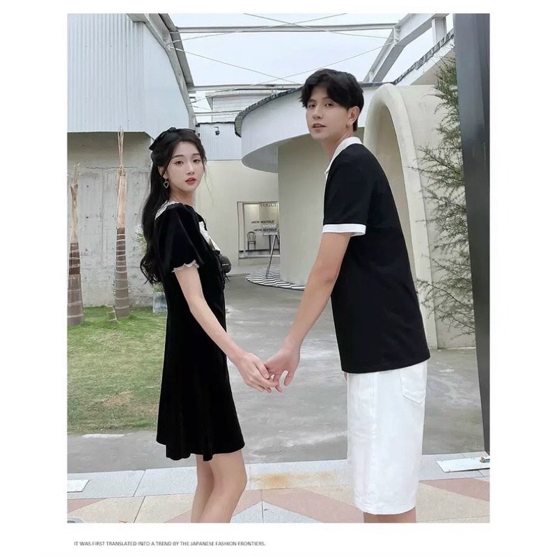 Set áo váy đôi nam nữ chất liệu thun cotton da cá, màu đen viền cổ trắng