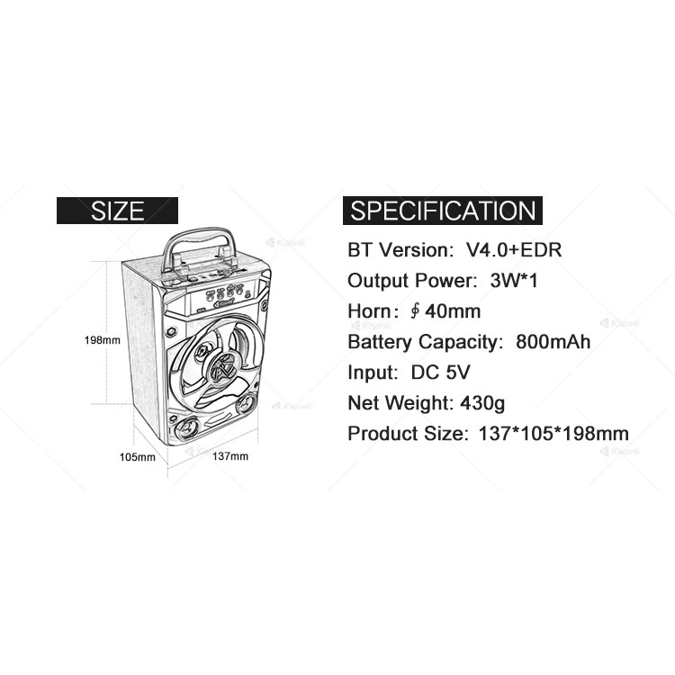 Loa bluetooth Kisonli KK-02 có quai xách - hỗ trợ USB/Thẻ nhớ/FM/AUX (Màu ngẫu nhiên)