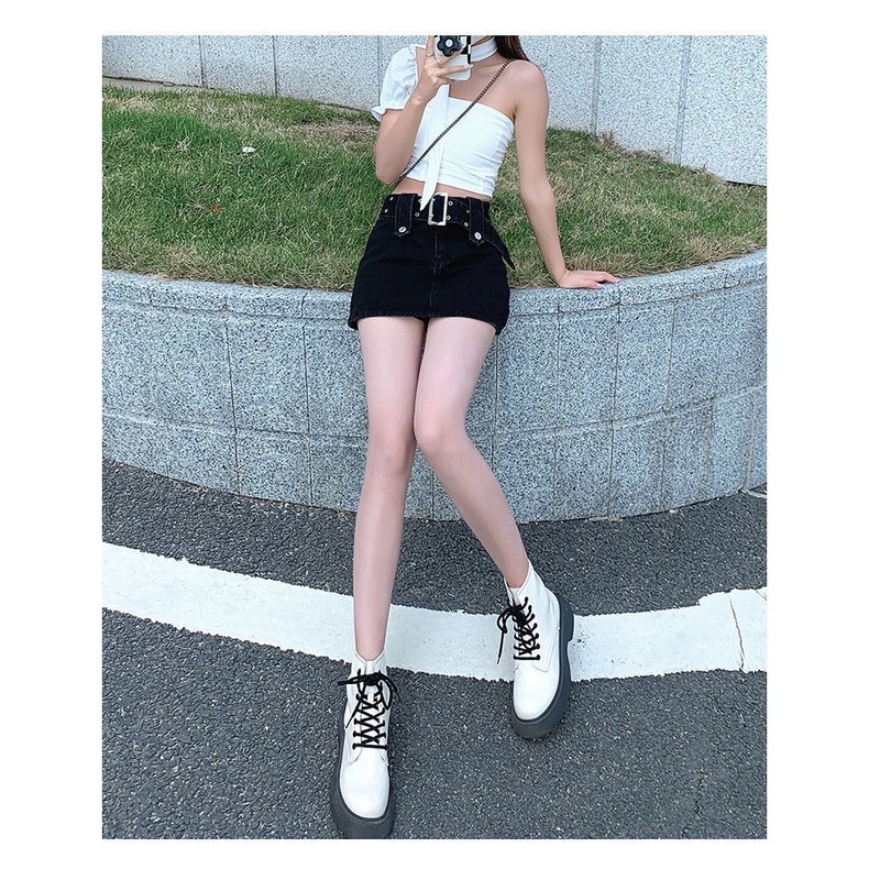 Chân váy ngắn COZOKC chất liệu denim lưng cao kiểu dáng hợp thời trang