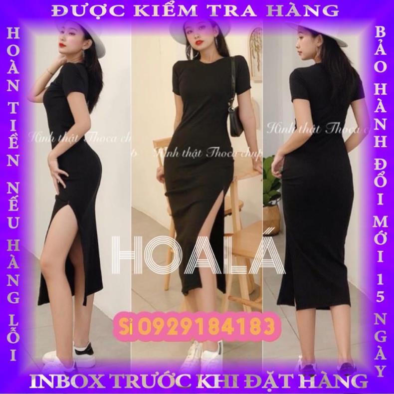 Đầm ôm body xẻ tà tay ngắn chất thun gân siêu co giãn D15 gianglinh