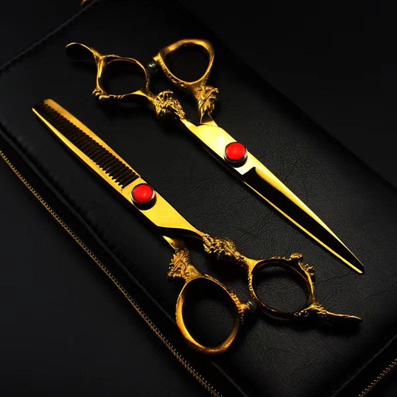 6.0 inch Kéo Chuốt Tóc Nhật Cao Cấp Tay cầm rồng vàng + Bộ Dao cạo râu