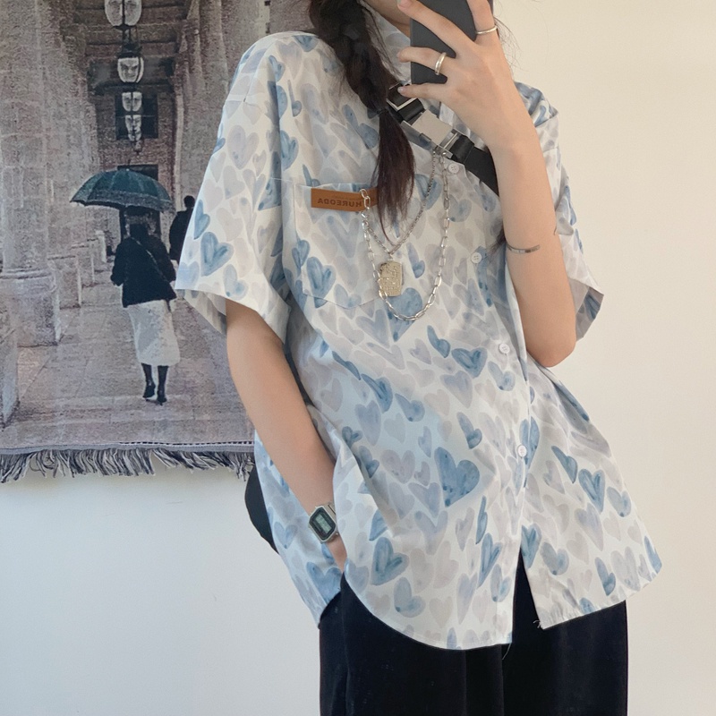 SUXI Áo sơ mi tay ngắn dáng rộng in thời trang mùa hè phong cách Hàn Quốc cho nữ