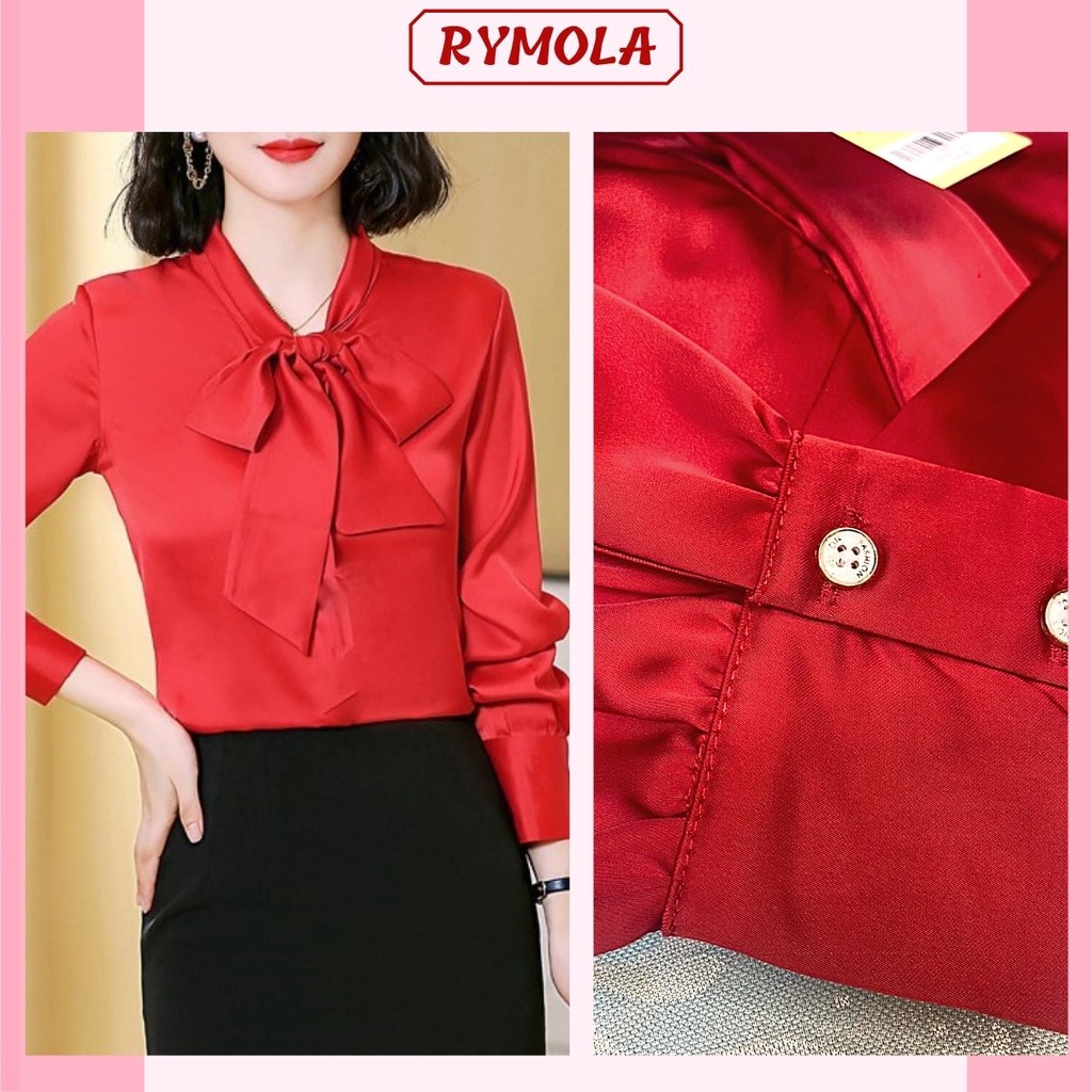 Áo Sơ Mi Kiểu Công Sở Đẹp MOLA Tay Dài Cổ Thắt Nơ Màu Đỏ Chất Lụa Cao Cấp From Rộng Hàn Quốc Ulzzang Vintage A1D