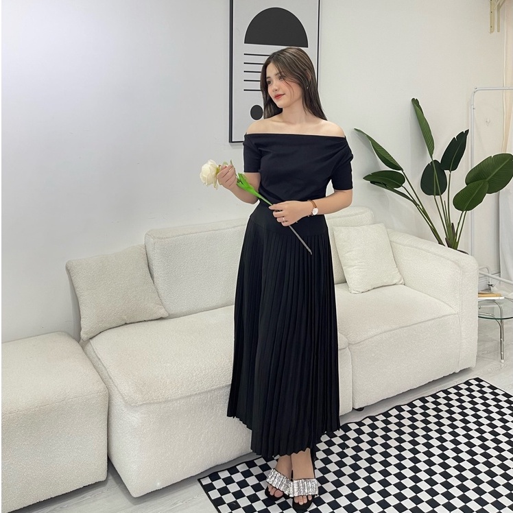 COCO SIN - Váy Midi Đen Dập Ly