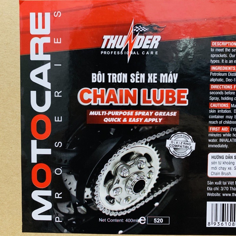 Dưỡng Sên - Vệ Sinh Sên Xích Xe Máy Thunder Chain Lube - Chain Cleaner 400ML - Made in VietNam - Công Ty Nano Williams