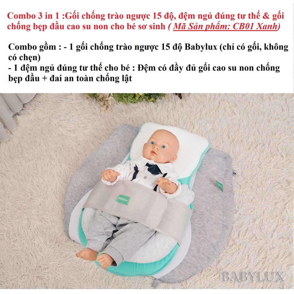 Combo 3 in 1:Gối chống trào ngược 15 độ, đệm ngủ đúng tư thế & Gối chống bẹp đầu cao su non cho bé Babylux