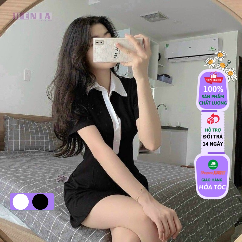 Váy Đầm Polo Body Dáng Xòe Màu Đen Cổ Trắng Đầm Polo Cổ Bẻ Siêu Xinh