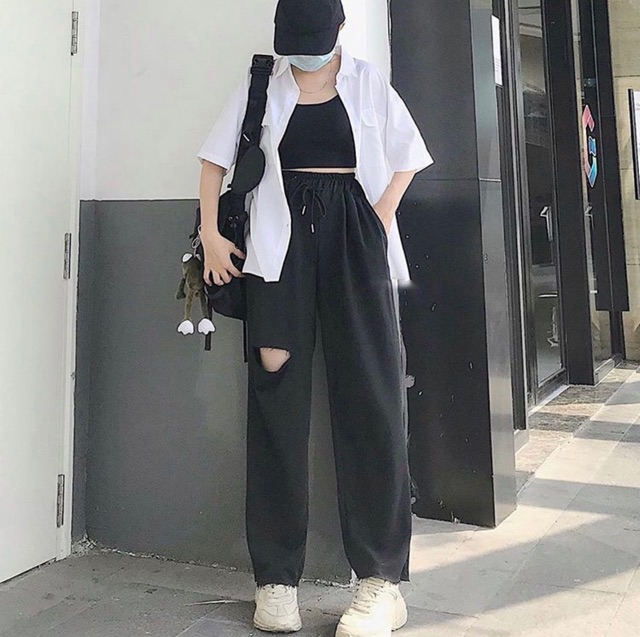 &lt; TẶNG GIẤY THƠM &gt; Quần Baggy suông rách gối - Vải Thun Hàn Quốc Chính Phẩm [ Form chuẩn UNISEX ]