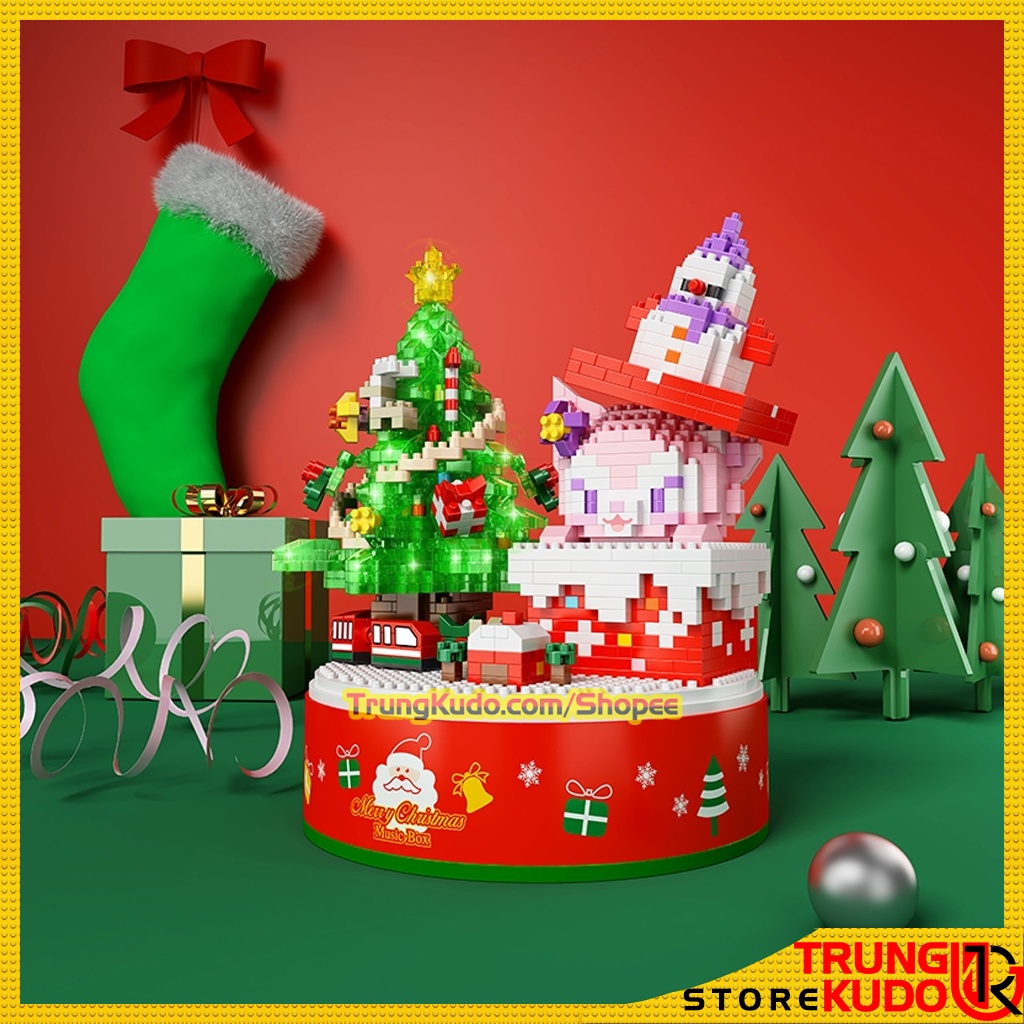 Mô hình Thỏ Gấu Noel có nhạc và đèn phiên bản thỏ Stella Lou giáng sinh dạng đồ chơi xếp hình làm quà, đồ decor