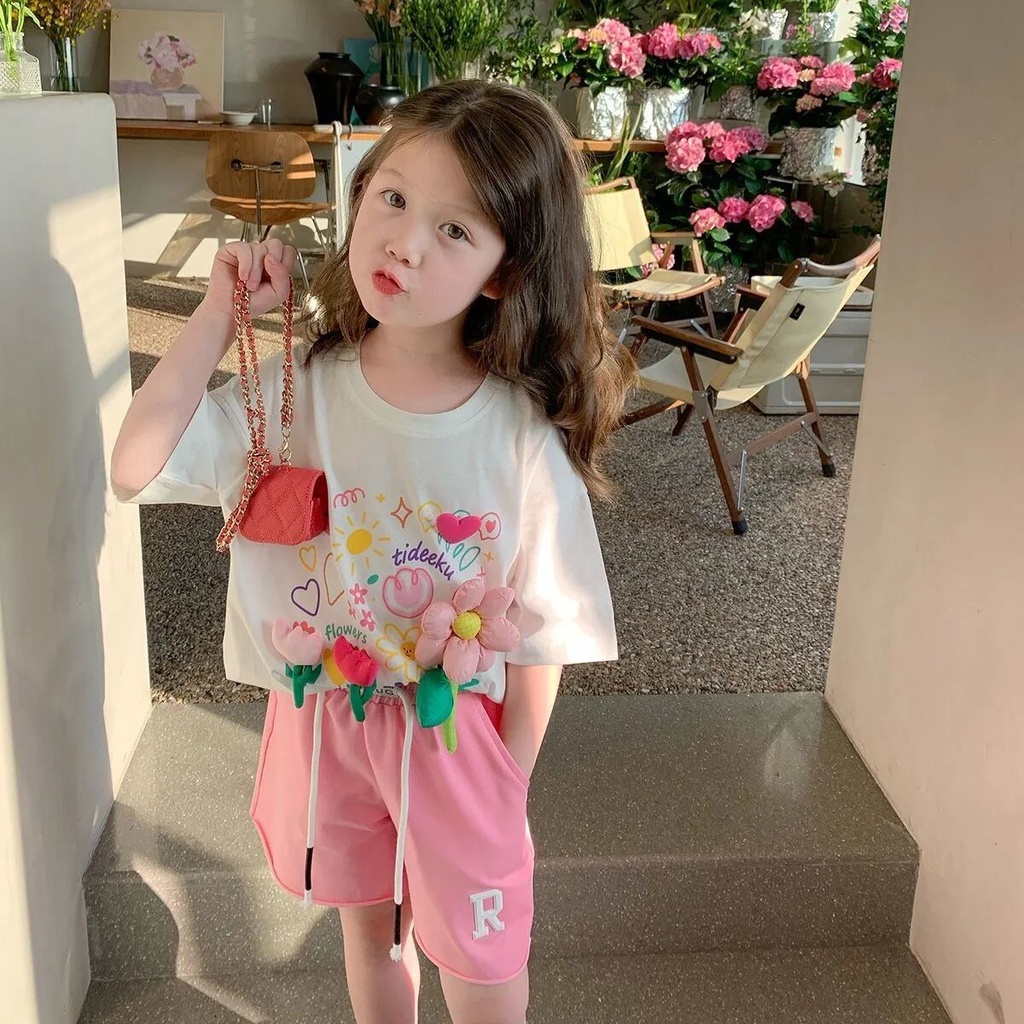 Set Áo Thun Ngắn Tay + Quần Short In Hoa Mới Cho Bé Gái
