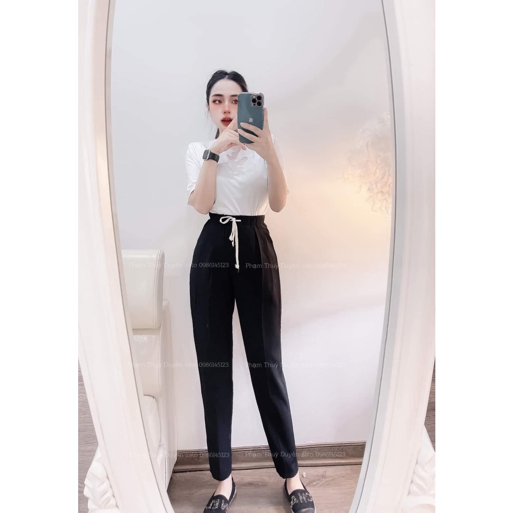 Quần baggy nữ cạp chun vải ruby kèm dây rút