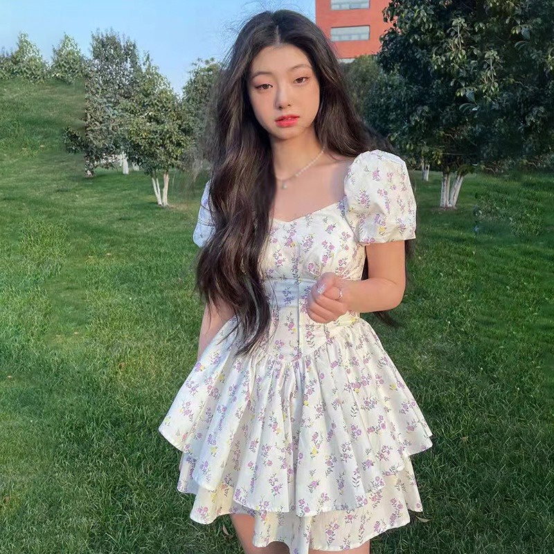 Đầm Tay Phồng Ngắn Cổ Vuông Ôm Eo In Họa Tiết Kiểu Retro Hàn Quốc Xinh Xắn Cho Nữ