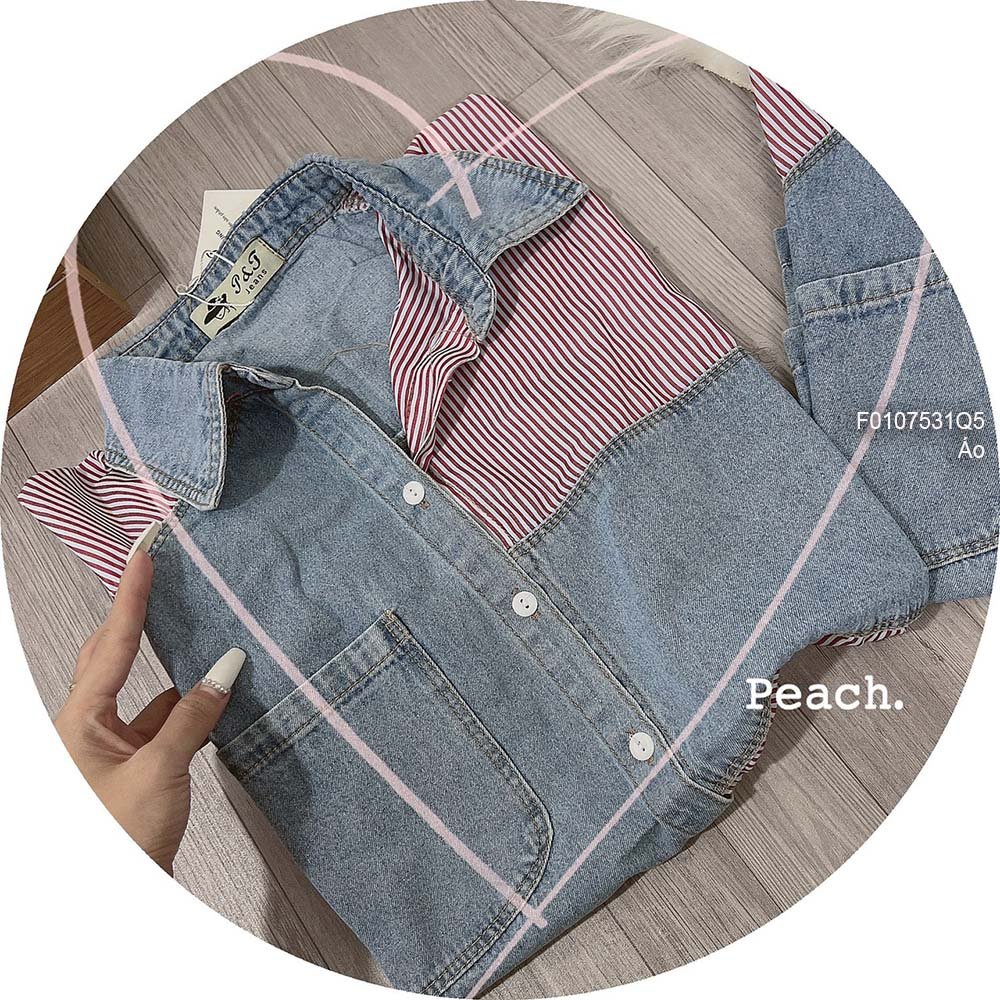 Áo sơ mi jean dáng croptop một túi phối kẻ sọc tay ngắn! ( Hàng sẵn kèm hình thật)