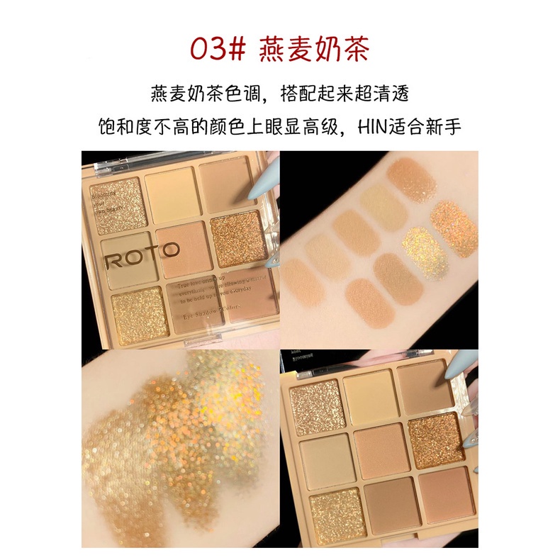 Trang Điểm Bảng Phấn Mắt Chín Màu ROTO Trang Điểm Hàng Ngày Màu Nude Ngọc Trai Mờ Màu Mắt Đất