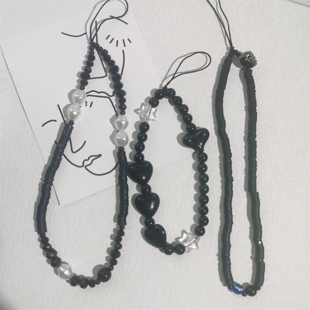 Ốp Điện Thoại Dẻo Màu Đen Đính Hạt Ngọc Trai &amp; Dây Đeo Ngọc Trai Sang Trọng Chống Thất Lạc Cho Iphone L66