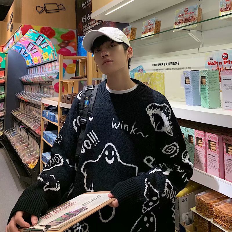 Áo sweater Dệt Kim Chui Đầu Dáng Rộng In Hoạt Hình Kiểu hip-hop Thời Trang Thu Đông Cho Các Cặp Đôi