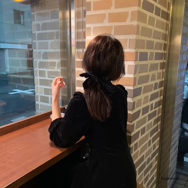 Đầm nhung SUGEMIUSI dài qua gối phong cách retro Pháp thời trang cho nữ