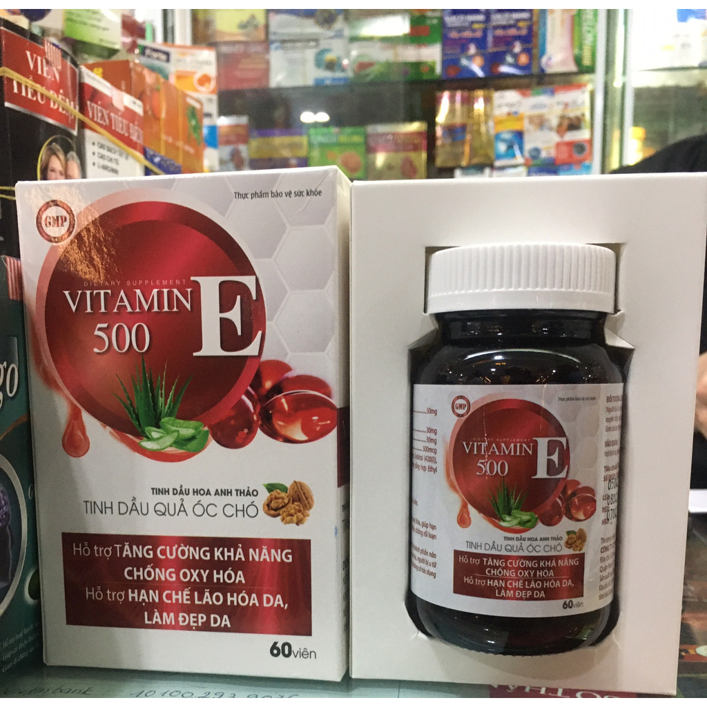 Viên uống đẹp da VITAMIN E 500 Đỏ và tinh dầu hoa anh thảo giúp cân bằng nội tiết, chống oxy hóa. Lọ 60 viên