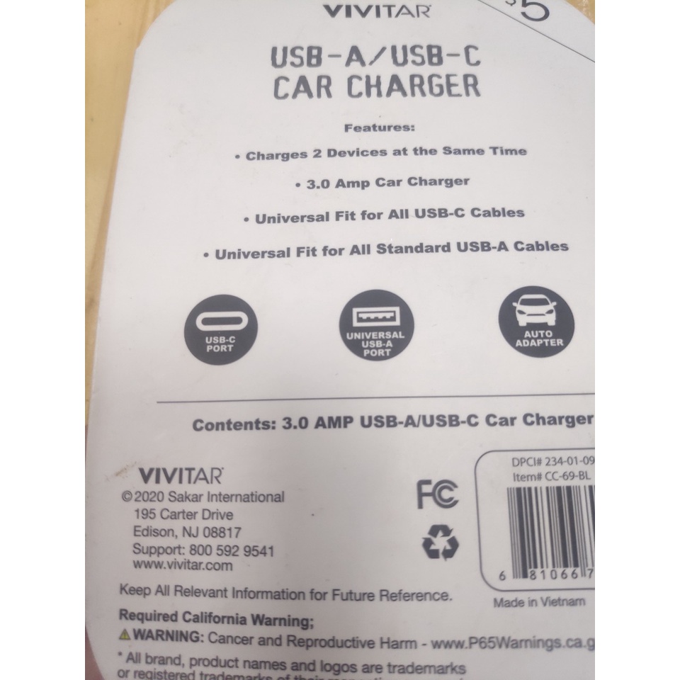Tẩu sạc nhanh ô tô 18W Vivitar xuất Mỹ kèm dây C to C chính hãng Samsung