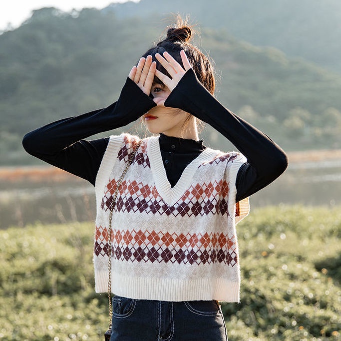 Áo Dệt Kim Không Tay Dáng Rộng Hoa Văn Kẻ Ô Phong Cách Hàn Quốc Dành Cho Nữ