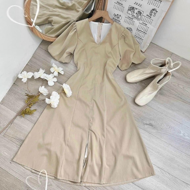 Đầm Midi cổ V tay bồng xẻ 3 màu (Ảnh thật/Video)